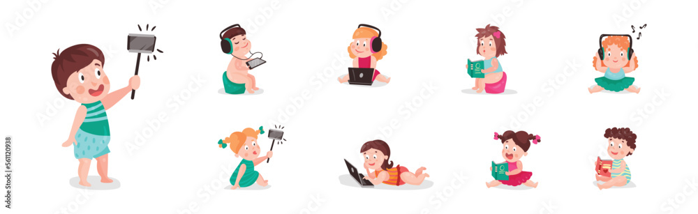 Little Kids Using Mobile Gadget Browsing in the Internet Vector Set Little Kids Using Mobile Gadget Browsing in the Internet Vector Set