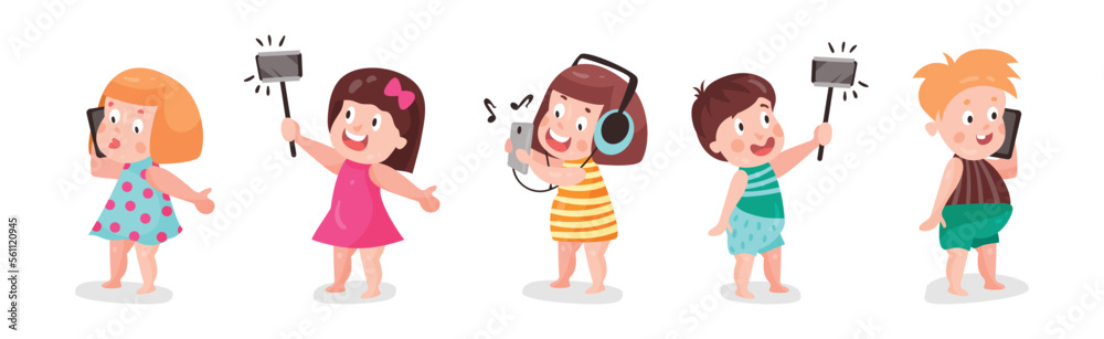 Little Kids Using Mobile Gadget Browsing in the Internet Vector Set Little Kids Using Mobile Gadget Browsing in the Internet Vector Set