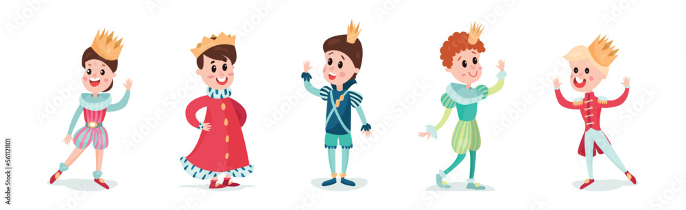 Young Boy Prince Wearing Royal Clothing and Crown on His Head Vector Set Young Boy Prince Wearing Royal Clothing and Crown on His Head Vector Set
