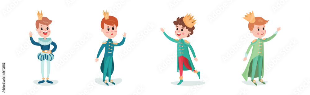 Young Boy Prince Wearing Royal Clothing and Crown on His Head Vector Set Young Boy Prince Wearing Royal Clothing and Crown on His Head Vector Set
