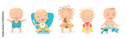 Cute Little Baby or Toddlers Doing Different Activities Vector Set