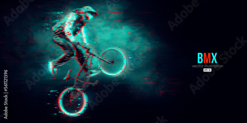 Abstract silhouette of a bmx rider, man is doing a trick, isolated on black background. Cycling sport transport. Vector illustration