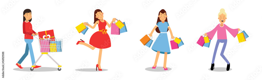 Woman Carrying Shopping Bags with Purchases Vector Set
