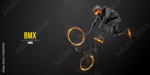 Abstract silhouette of a bmx rider, man is doing a trick, isolated on black background. Cycling sport transport. Vector illustration