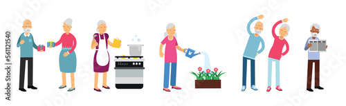 Senior Man and Woman on Retirement Spending Free Time Engaged in Hobby Activity Vector Set