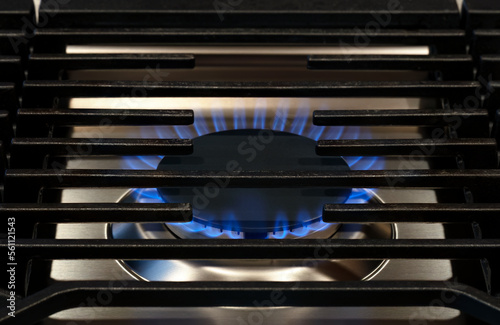Modern Kitchen stove top cook. Gas flame close up on a natural gas stove range burner