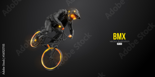 Abstract silhouette of a bmx rider, man is doing a trick, isolated on black background. Cycling sport transport. Vector illustration