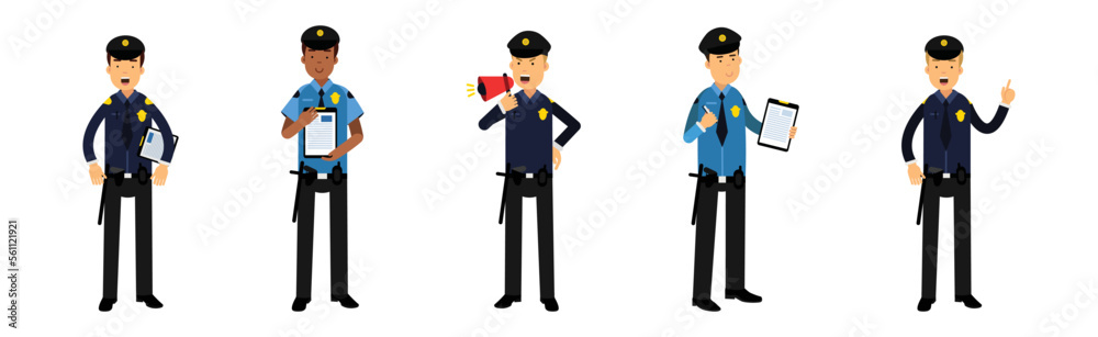 Man Police Officer in Uniform Working Performing His Duty Vector Set