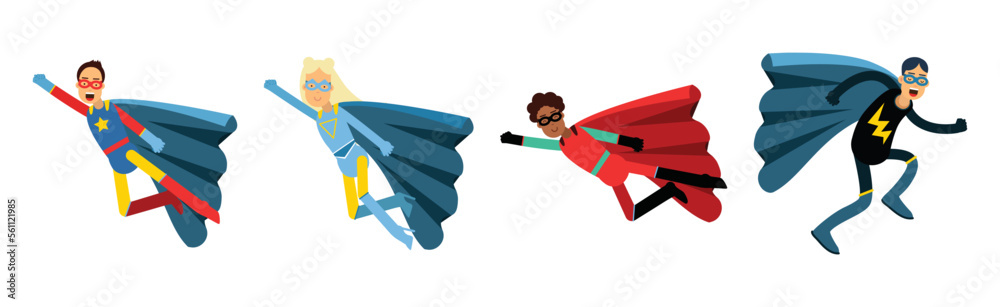 Man and Woman Superhero Wearing Cape Having Super Power Vector Set Man and Woman Superhero Wearing Cape Having Super Power Vector Set