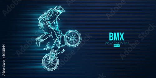 Abstract silhouette of a bmx rider, man is doing a trick, isolated on blue background. Cycling sport transport. Vector illustration