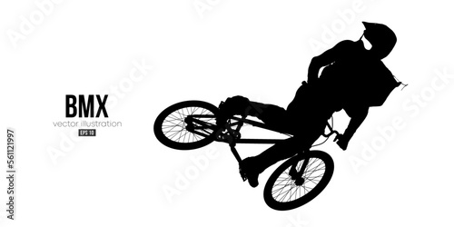 Abstract silhouette of a bmx rider, man is doing a trick, isolated on white background. Cycling sport transport. Vector illustration