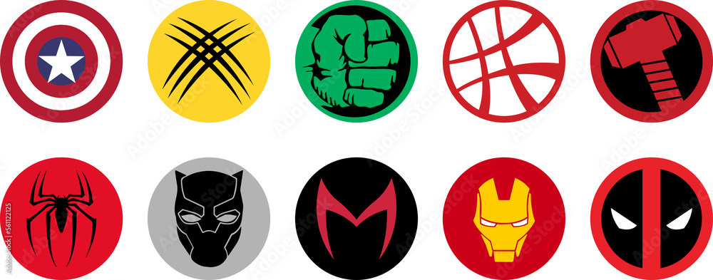Most famous superheroes Marvel logos. Deadpool, Hulk, Spider-Man ...