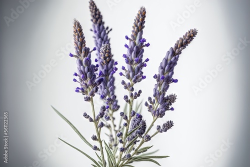  a vase with some purple flowers in it on a table top with a white background behind it and a blurry background behind it  with a white background  a few blue  with.