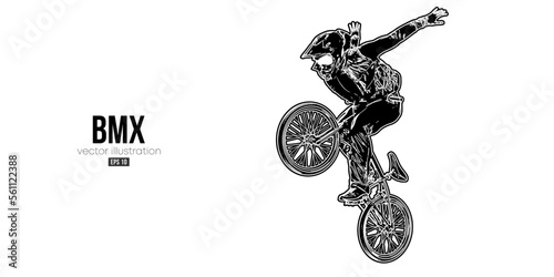 Abstract silhouette of a bmx rider, man is doing a trick, isolated on white background. Cycling sport transport. Vector illustration