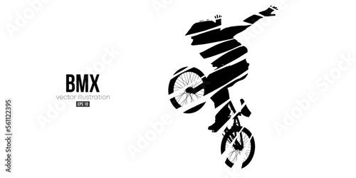 Abstract silhouette of a bmx rider, man is doing a trick, isolated on white background. Cycling sport transport. Vector illustration