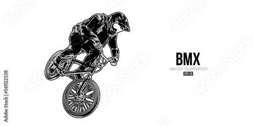 Abstract silhouette of a bmx rider, man is doing a trick, isolated on white background. Cycling sport transport. Vector illustration