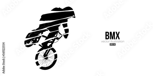 Abstract silhouette of a bmx rider, man is doing a trick, isolated on white background. Cycling sport transport. Vector illustration