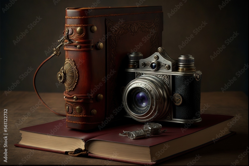  a camera and a book on a table with a dark background and a brown background with a black background and a brown book with a gold trim and white border and black border with a.