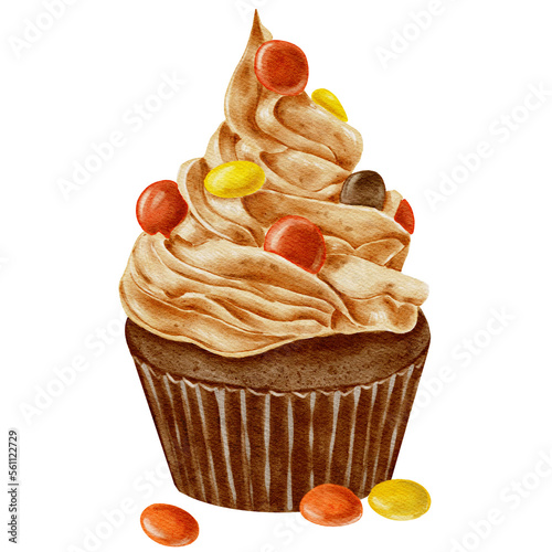 Watercolor chocolate cupcake with orange and yellow candies. Transparent background Png