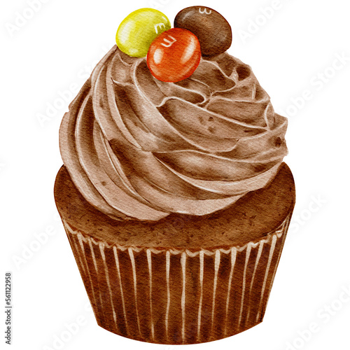 Watercolor chocolate cupcake with orange and yellow candies. Transparent background Png