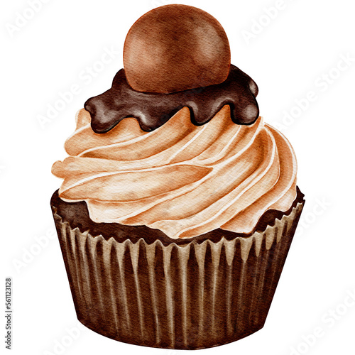 Watercolor chocolate cupcake with big chocolate ball. Transparent background Png