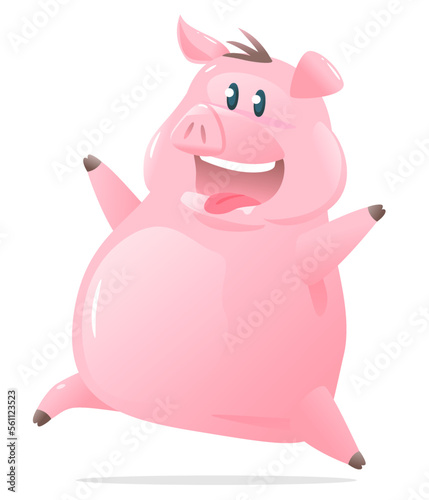 One happy pig cartoon jumping and smile isolated on white  cheerful fat pink pig illustration