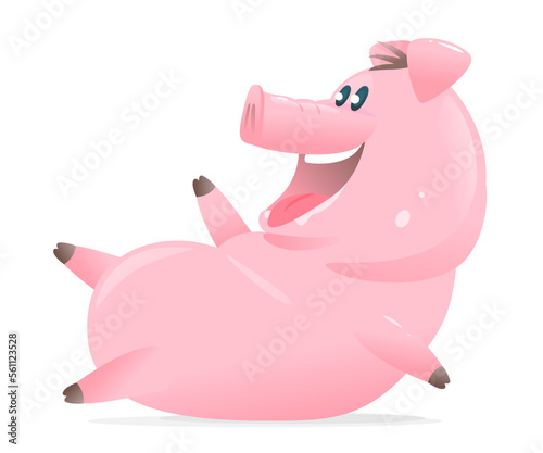 One happy pig cartoon lies on ground with open mouth isolated on white, cheerful and drunken fat pink pig