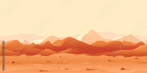 Martian day landscape background tileable horizontally, sand hills with stones on a deserted planet