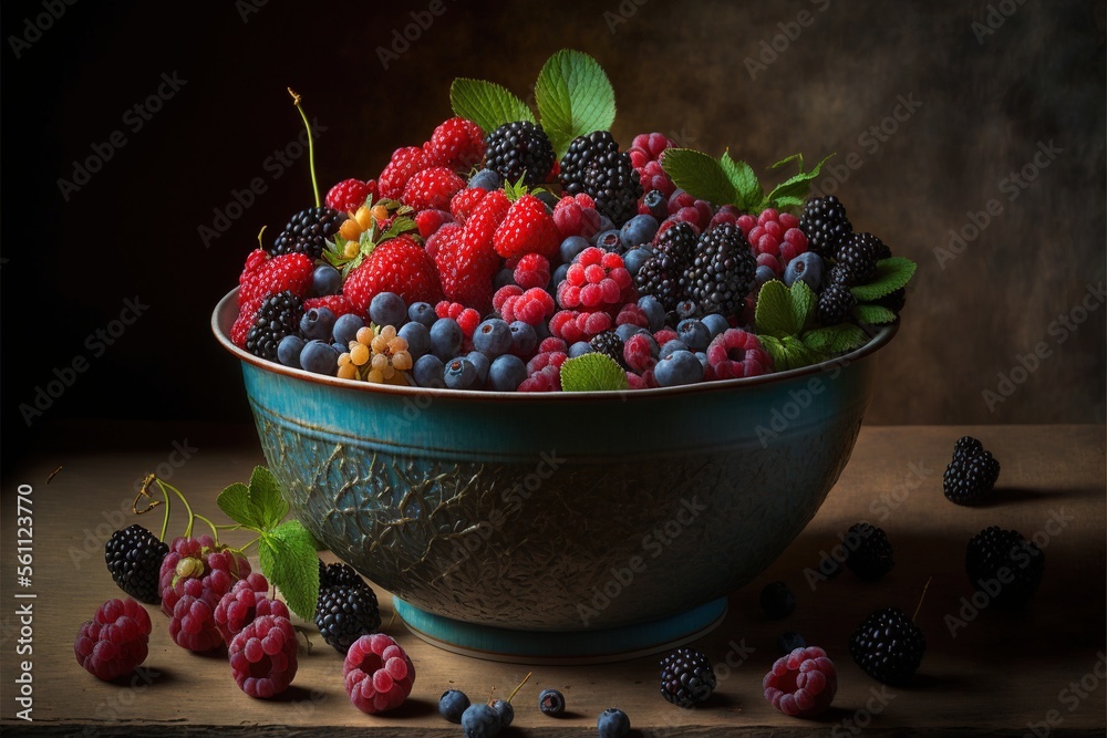 a bowl of berries and raspberries on a table with leaves and berries scattered around it on a table top with a dark background of other berries and leaves and a few other berries. a bowl of berries and raspberries on a table with leaves and berries scattered around it on a table top with a dark background of other berries and leaves and a few other berries.