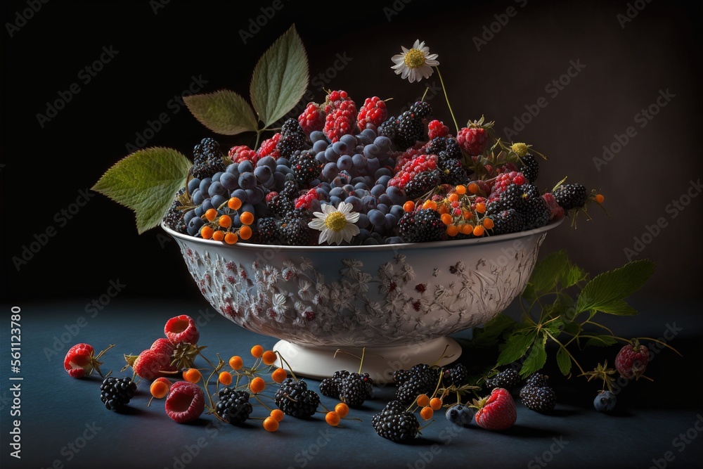 a bowl of berries and berries with leaves on a table next to a flower and berries on a table top with leaves and berries on the table, and a black background with a dark. a bowl of berries and berries with leaves on a table next to a flower and berries on a table top with leaves and berries on the table, and a black background with a dark.