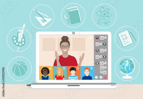Multi ethnic class of young children remotely learn online using web app. Schoolkids and female teacher at lesson, chat, laptop screen. School distance education during coronavirus covid-19 pandemic.
