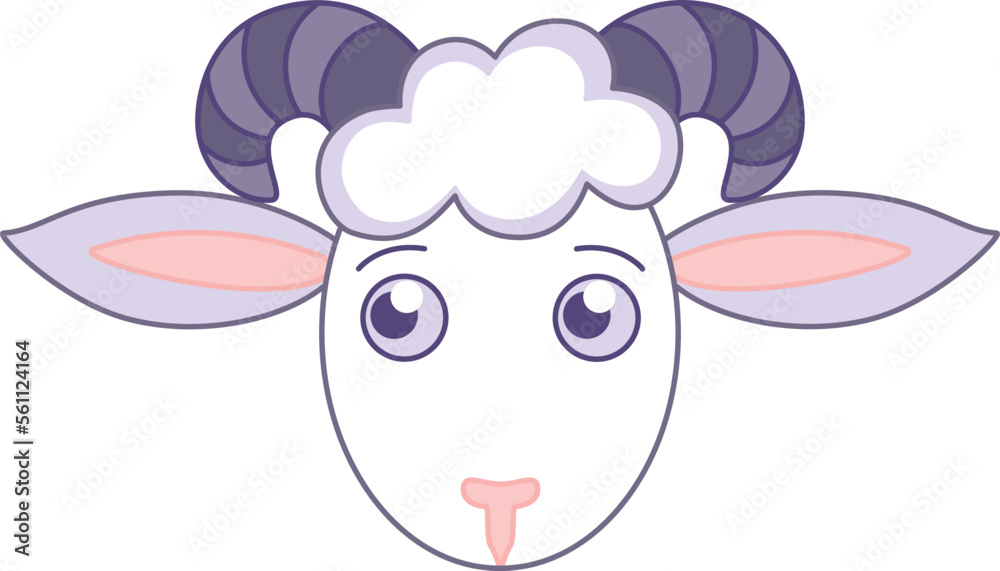 Muzzle of a cute cartoon ram - vector full color picture. Head of a ram with big horns - children's illustration