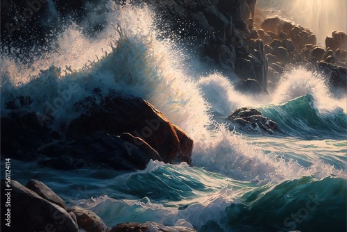  a painting of a rocky coast with waves crashing against rocks and a lighthouse in the distance with a bright sun shining through the clouds above it, and a painting of a rocky cliff with.