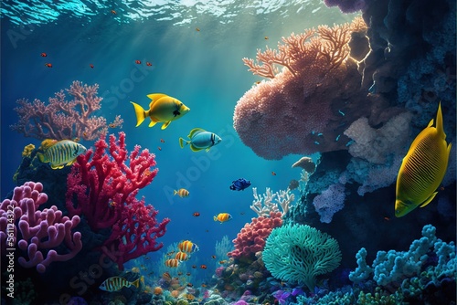 Tela a colorful coral reef with many different types of fish and corals on it's surface, with sunlight streaming through the water's surface, and a soft