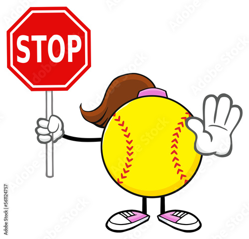 Softball Girl Faceless Cartoon Mascot Character Gesturing And Holding A Stop Sign. Hand Drawn Illustration Isolated On Transparent Background