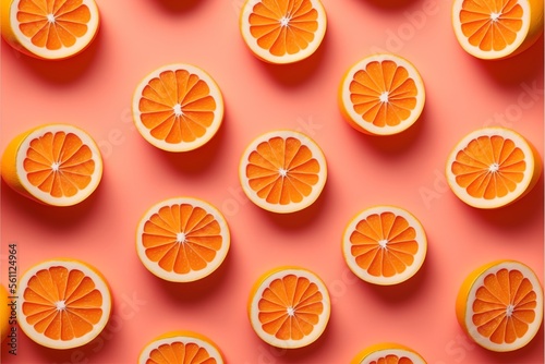 Orange slices lie flat on a pink-orange background.