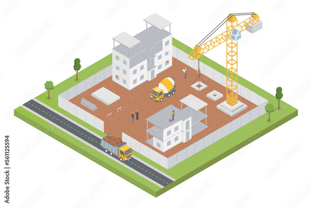 Isometric building construction with crane, equipment, machines and builders. City is under construction. Vector illustration concept. Isometric building construction with crane, equipment, machines and builders. City is under construction. Vector illustration concept.