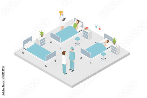 Isometric hospital room with patients, beds, nightstand for medicals, dropper, drip blood and other hospital equipment. Vector illustration.