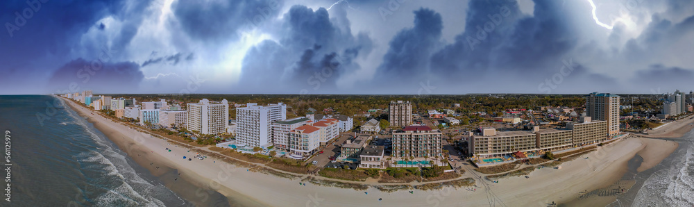 Myrtle Beach aerial panoramic view with storm approaching, South Carolina, USA