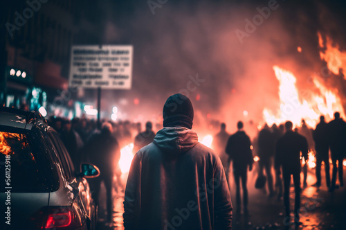Concept protesters riot people. Back view Aggressive man without face in hood against backdrop of protests and burning cars. Generation AI