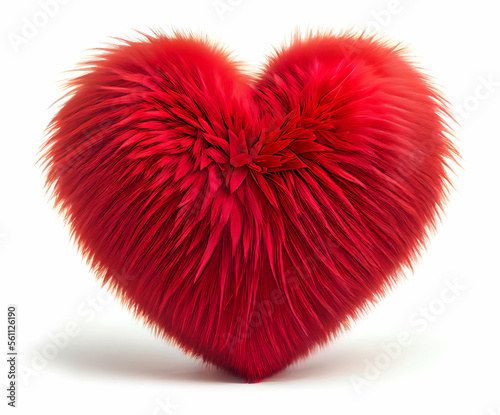 Generative AI Illustration of red fur heart isolated on white background. Valentine s day symbol digital art..