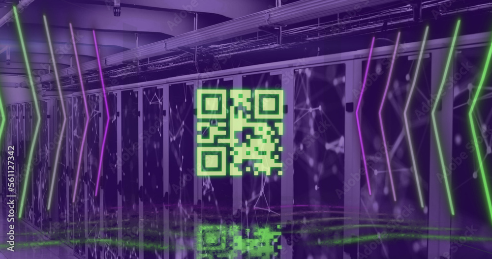 Image of yellow qr code and neon lights over networks and computer server room Image of yellow qr code and neon lights over networks and computer server room