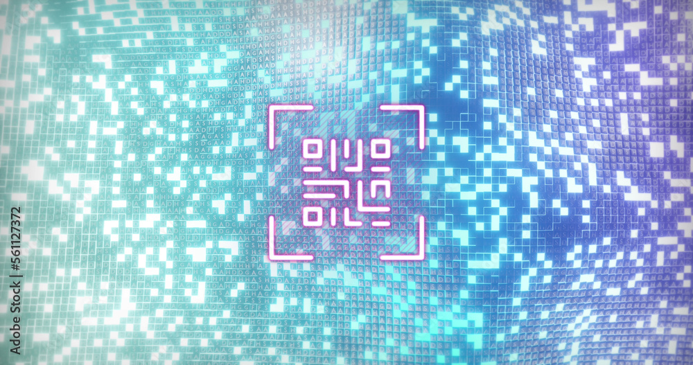 Image of digital neon qr code flickering over purple and green mosaic in background