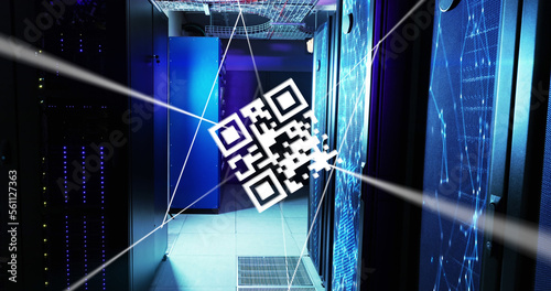 Image of qr code and lines over servers