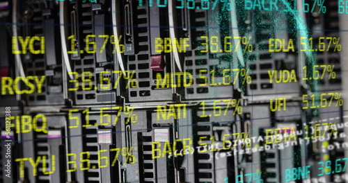Image of data processing and stock market over server room