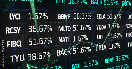 Image of stock market with graph and arrows on black background