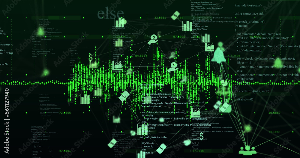 Image of business icons over data processing