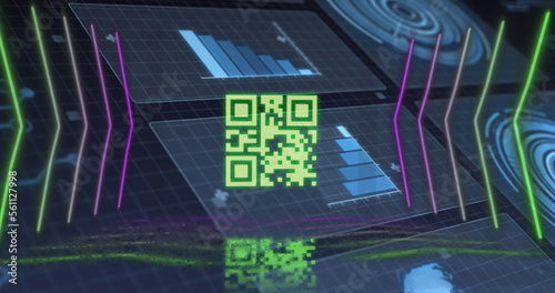 Image of neon lines, qr code and data processing on digital screens