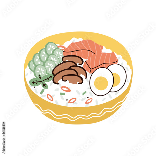 rice with salmon, mushrooms and egg. hand drawn vector illustration in flat style