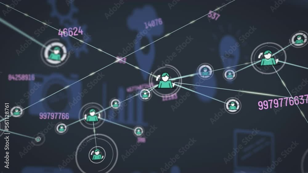 Animation of connected icons over changing numbers against multiple icons in background Animation of connected icons over changing numbers against multiple icons in background